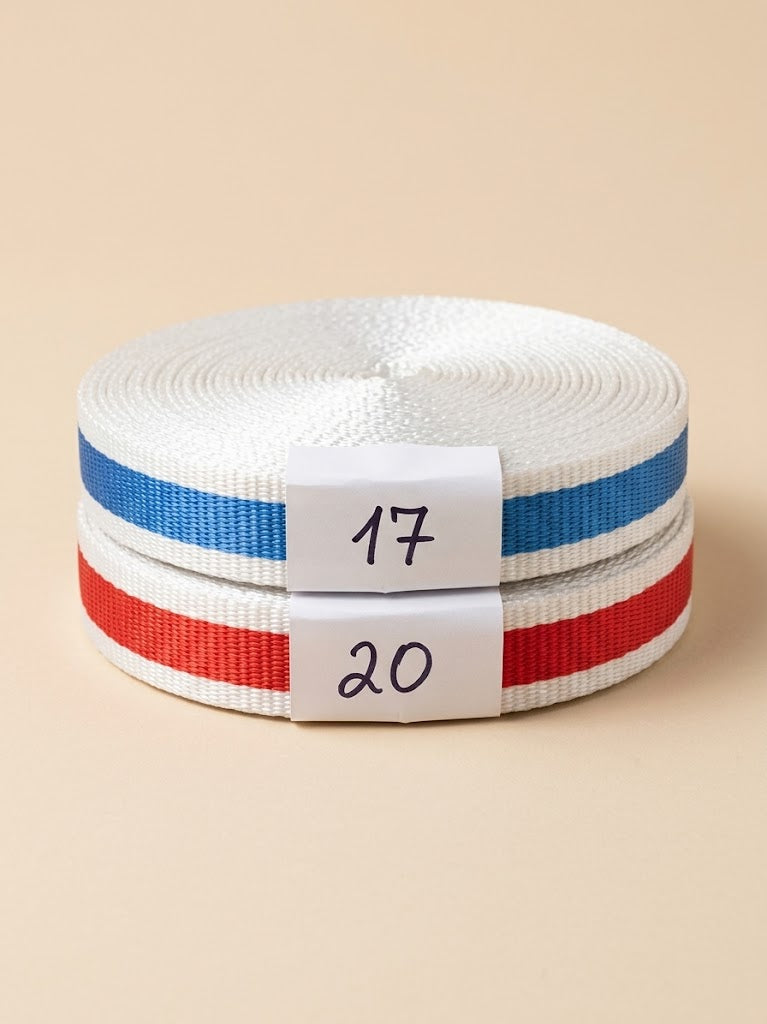 Y.a.W. 2.0 Slackline-Band weiß mit blauem und rotem Streifen – Restposten-Abschnitte